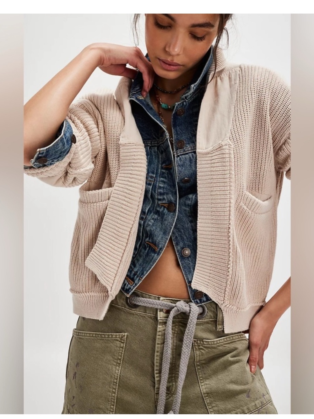 We The Free Cream Chunky Knit Open Cardigan